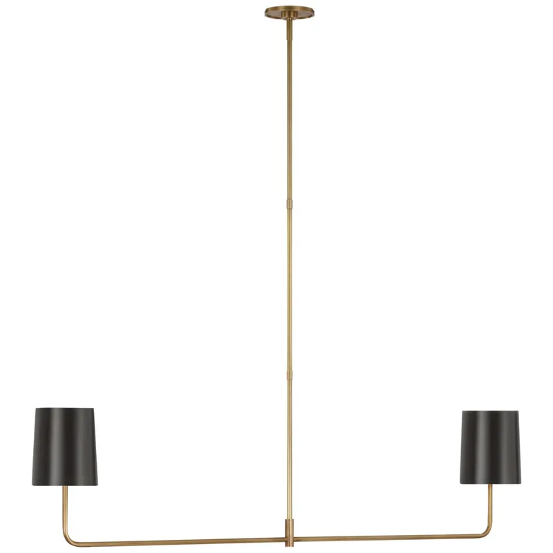 Barbara Barry Go Lightly 54" Two Light Linear Chandelier in Soft Brass with Bronze Shades Ceiling Light W54"