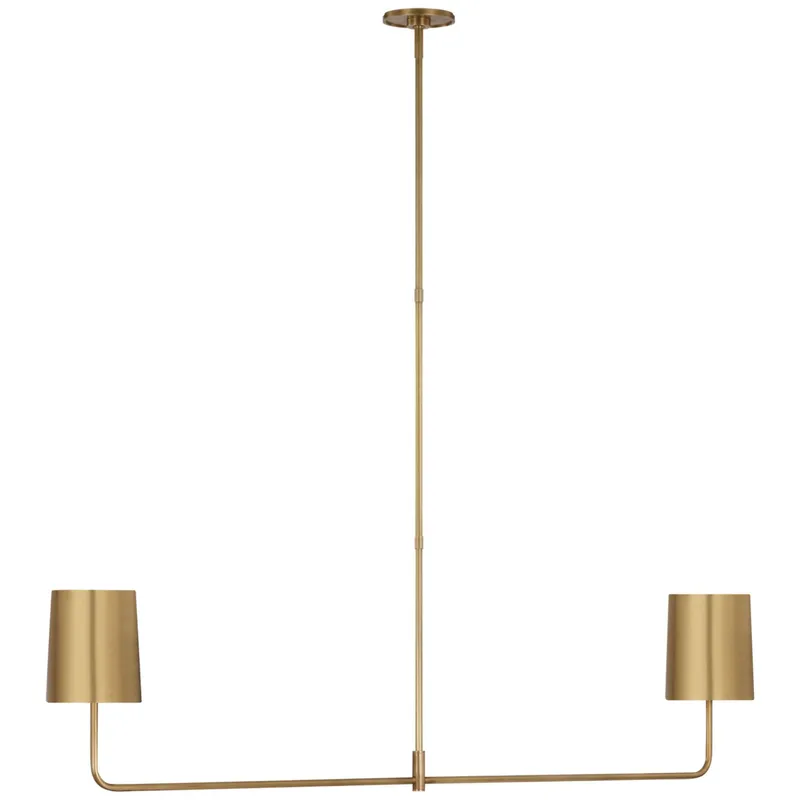 Barbara Barry Go Lightly 54" Two Light Linear Chandelier in Soft Brass with Soft Brass Shades Ceiling Light W54"