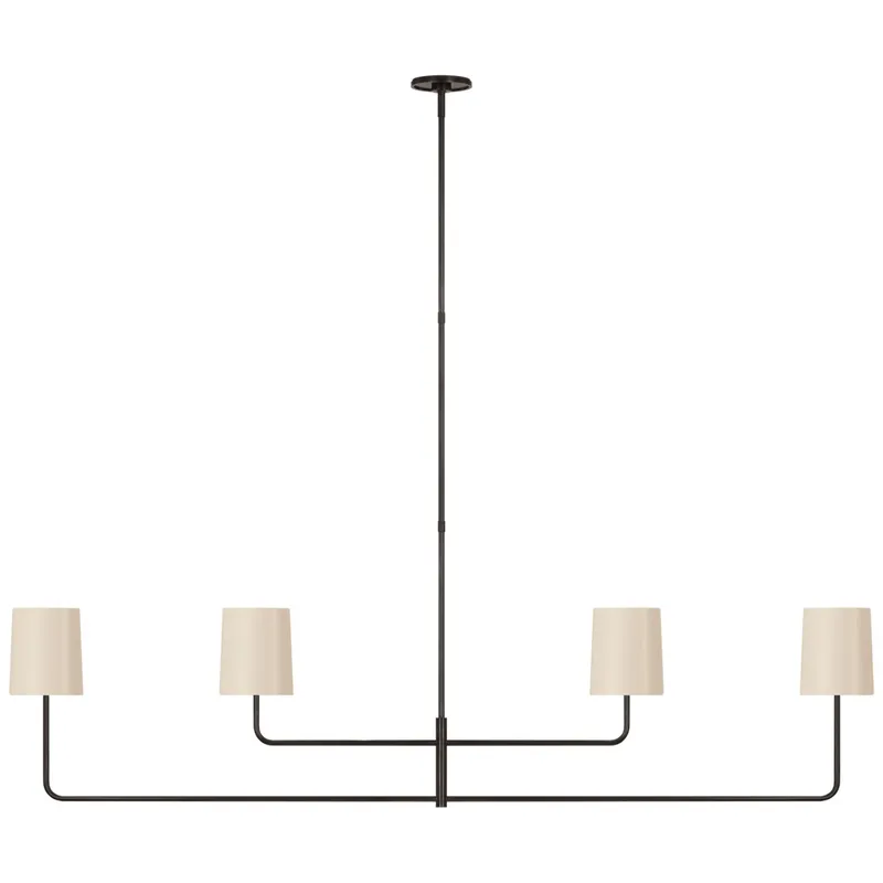 Barbara Barry Go Lightly 70" Four Light Linear Chandelier in Bronze with China White Shades Ceiling Light W70"