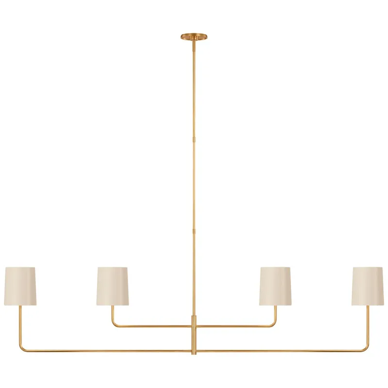 Barbara Barry Go Lightly 70" Four Light Linear Chandelier in Gild with China White Shades Ceiling Light W70"