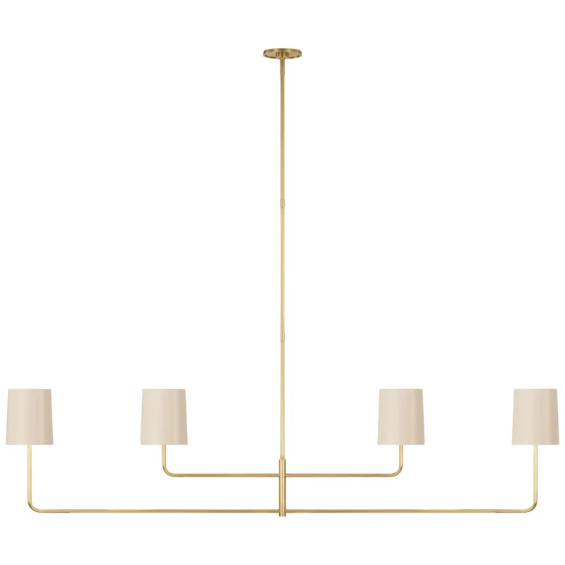 Barbara Barry Go Lightly 70" Four Light Linear Chandelier in Soft Brass with China White Shades Ceiling Light W70"