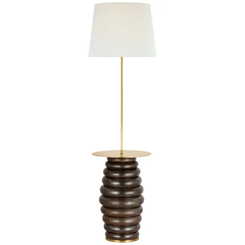 Kelly Wearstler Phoebe Extra Large Tray Table Floor Lamp in Crystal Bronze with Linen Shade W21" x H59.5"