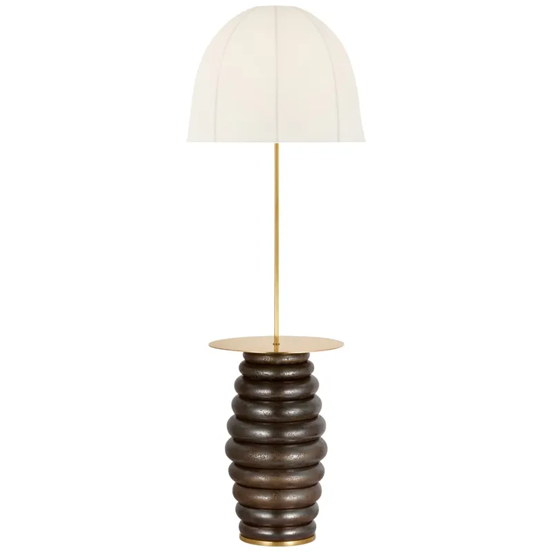 Kelly Wearstler Phoebe Extra Large Tray Table Floor Lamp in Crystal Bronze with Soft Domed Linen Shade W20.5" x H59.5"