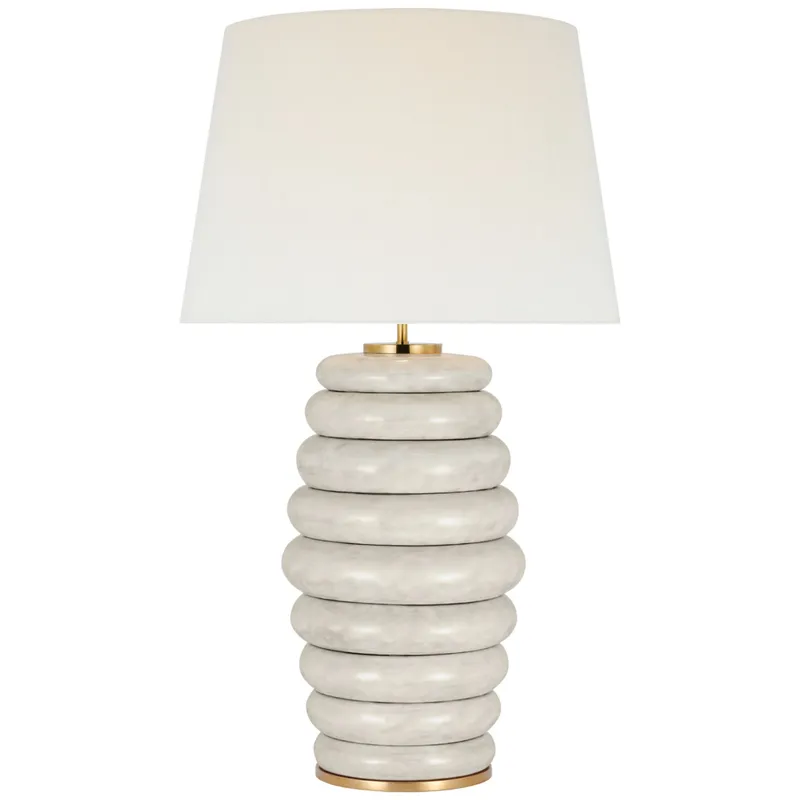 Kelly Wearstler Phoebe Extra Large Stacked Table Lamp in Antiqued White with Linen Shade W21" x H35.5"