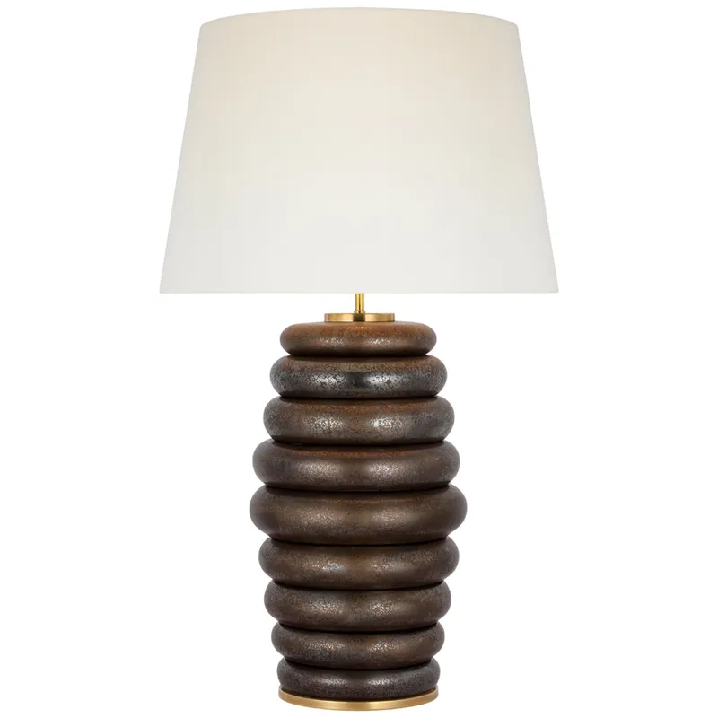 Kelly Wearstler Phoebe Extra Large Stacked Table Lamp in Crystal Bronze with Linen Shade W21" x H35.5"