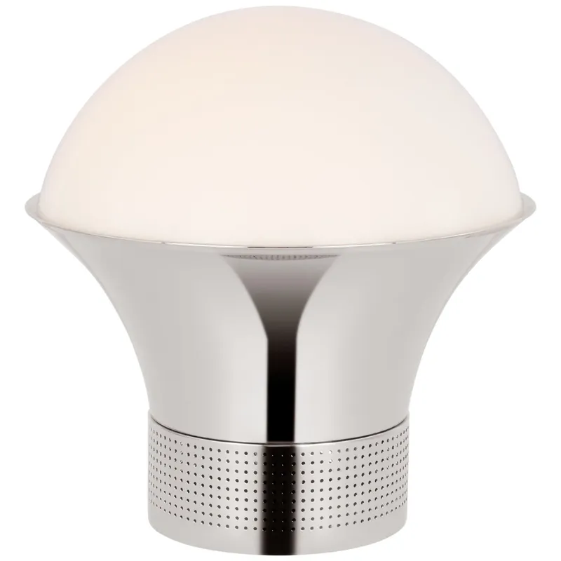Kelly Wearstler Precision Accent Table Lantern in Polished Nickel with White Glass Table Lamp W10" x H10.5"