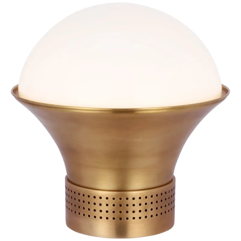 Kelly Wearstler Precision Medium Table Lantern in Antique-Burnished Brass with White Glass Table Lamp W17" x H17.75"