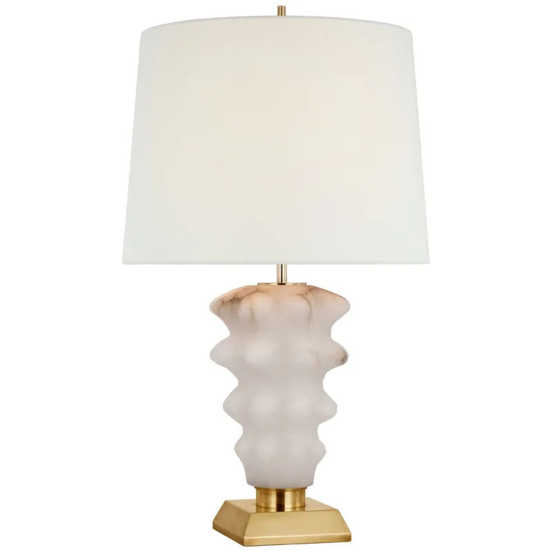 Thomas O'Brien Luxor Large Table Lamp in Alabaster and Hand-Rubbed Antique Brass with Linen Shade W18" x H31.5"