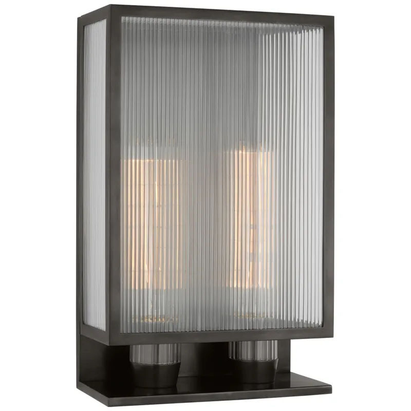 Barbara Barry York 16" Double Box Outdoor Sconce in Bronze with Clear Ribbed Glass Outdoor Lighting W10" x H16.25"