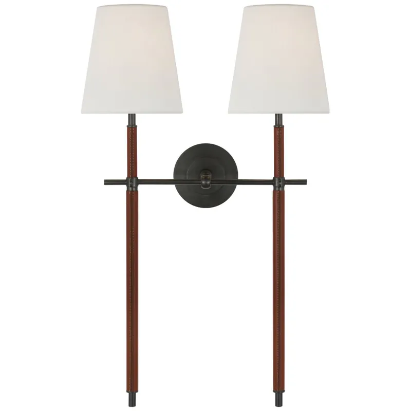 Thomas O'Brien Bryant Large Wrapped Double Tail Sconce in Bronze and Saddle Leather with Linen Shades Wall Light W16" x H26"