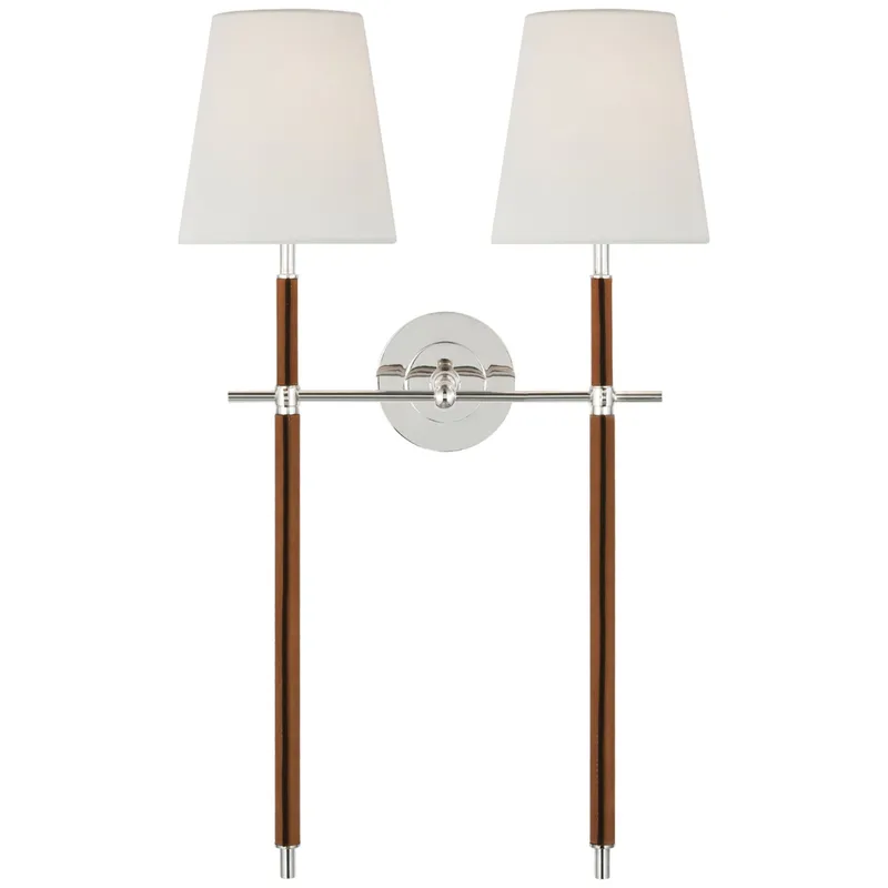Thomas O'Brien Bryant Large Wrapped Double Tail Sconce in Polished Nickel and Natural Leather with Linen Shades Wall Light W16" x H26"