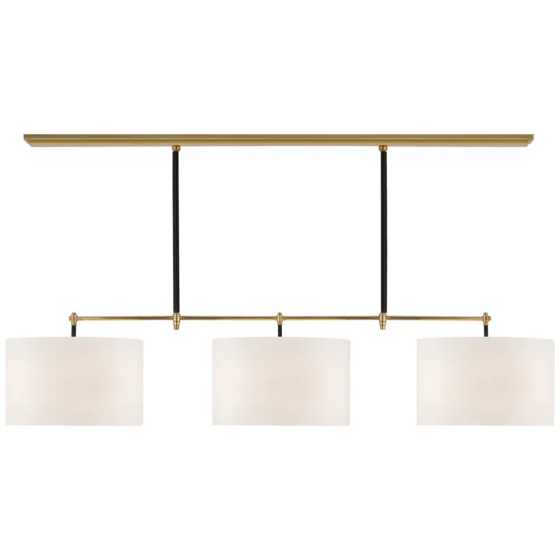 Thomas O'Brien Bryant Large Wrapped Billiard in Hand-Rubbed Antique Brass and Chocolate Leather with Linen Shades Ceiling Light W64.25" x 16"