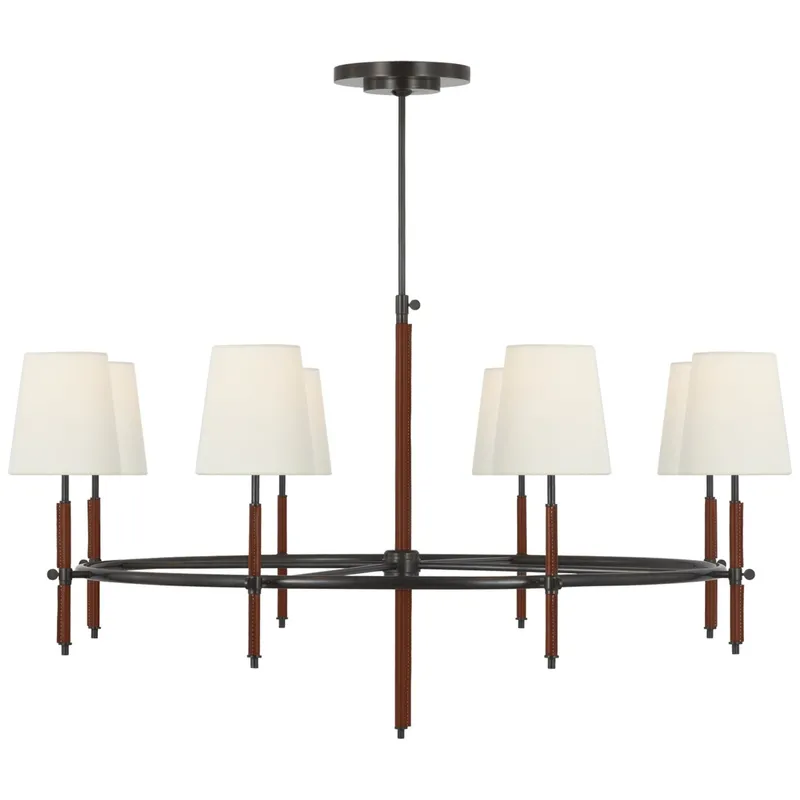 Thomas O'Brien Bryant Wrapped Ring Chandelier in Bronze and Saddle Leather with Linen Shades Ceiling Light W41"
