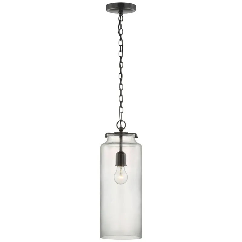 Thomas O'Brien Katie Large Cylinder Pendant in Bronze with Clear Glass Ceiling Light W7" x H19.5"