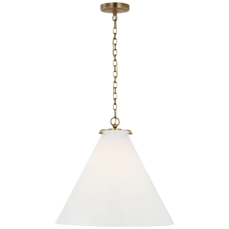 Thomas O'Brien Katie Large Conical Pendant in Hand-Rubbed Antique Brass with White Glass Ceiling Light W20" x H18.25"