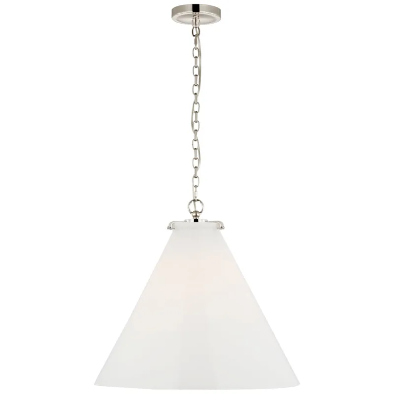 Thomas O'Brien Katie Large Conical Pendant in Polished Nickel with White Glass Ceiling Light W20" x H18.25"