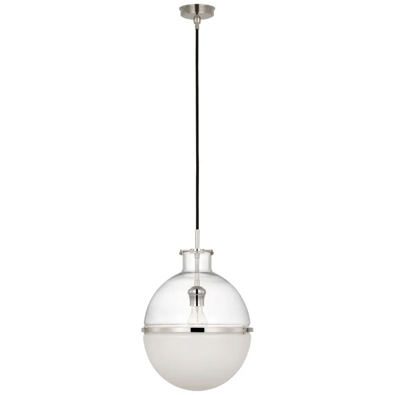 Thomas O'Brien Maxey 14" Globe Pendant in Polished Nickel with Clear Glass and White Glass Ceiling Light W13.5"