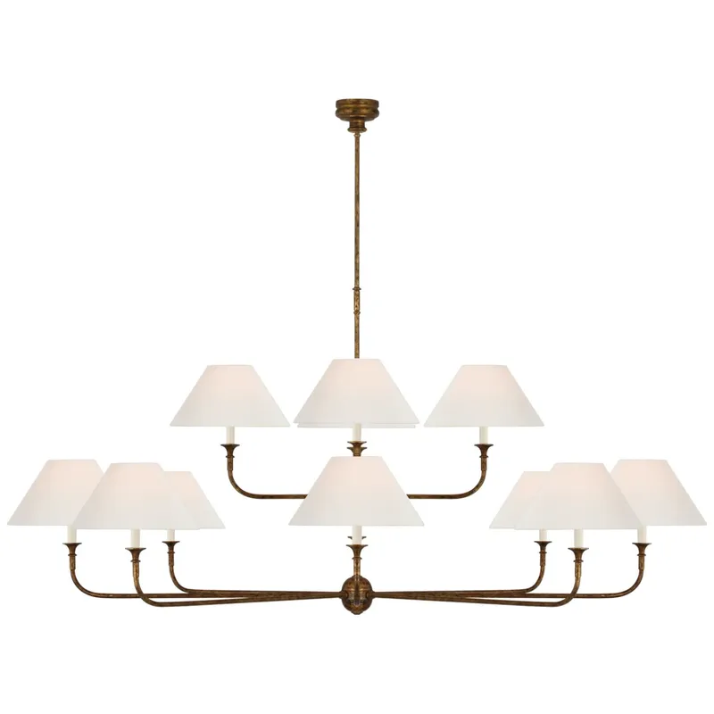 Thomas O'Brien Piaf Oversized Two Tier Chandelier in Antique Gild with Linen Shades Ceiling Light W72"