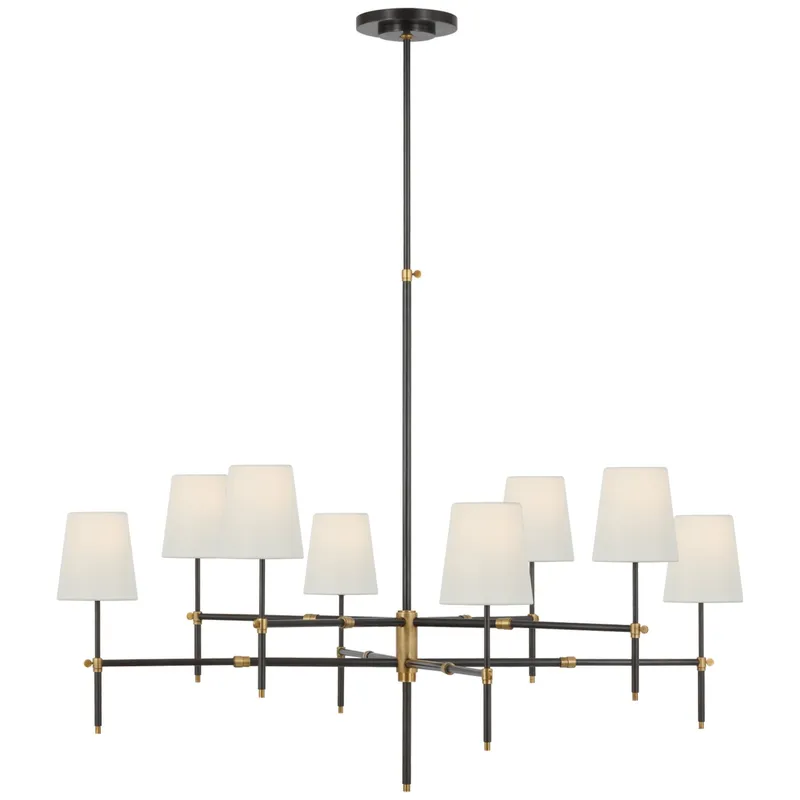 Thomas O'Brien Bryant Extra Large Two Tier Chandelier in Bronze and Hand-Rubbed Antique Brass with Linen Shades Ceiling Light W48"