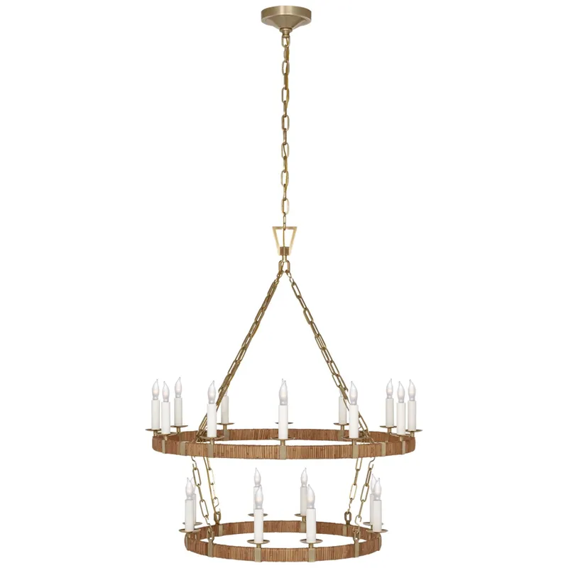 Chapman & Myers Darlana Medium Two Tier Chandelier in Antique-Burnished Brass and Natural Rattan Ceiling Light W31.75" x H36.75"
