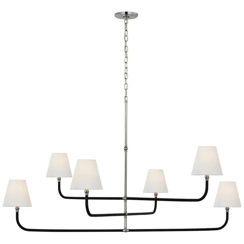 Chapman & Myers Basden Grande Three Tier Chandelier in Polished Nickel and Black Rattan with Linen Shades Ceiling Light W60" x H34"