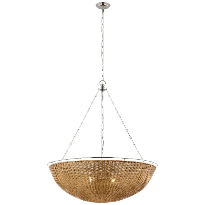 Chapman & Myers Clovis Extra Large Chandelier in Polished Nickel and Natural Wicker Ceiling Light W38" x H42.25"