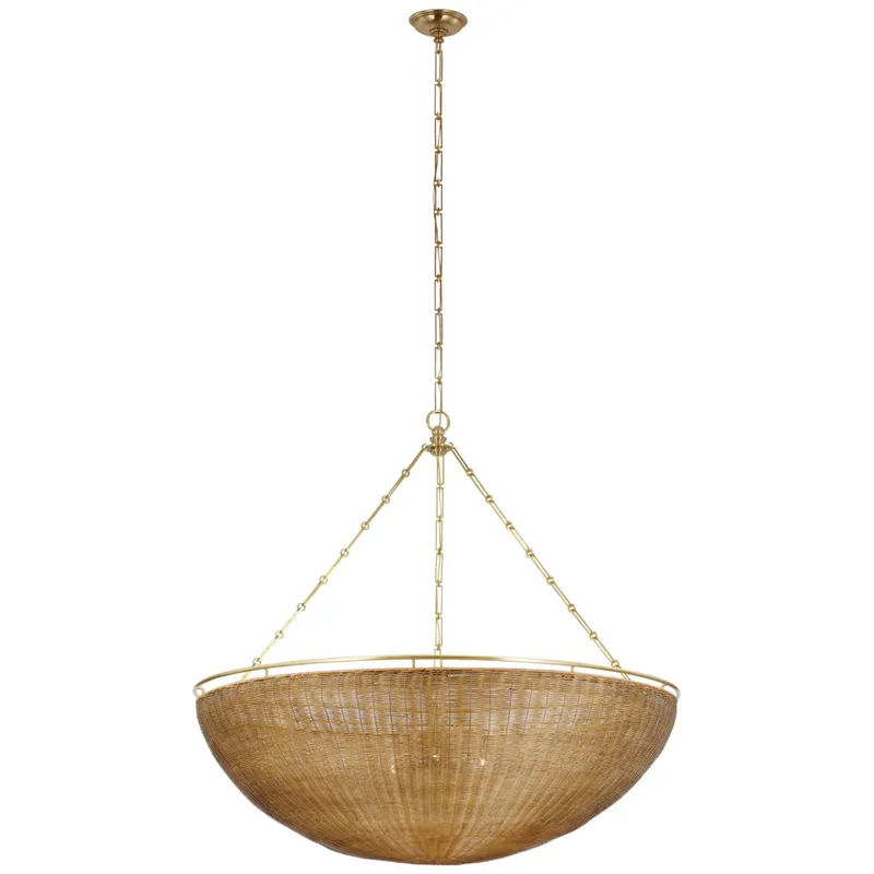 Chapman & Myers Clovis Grande Chandelier in Antique-Burnished Brass and Natural Wicker Ceiling Light W60" x H86.75"