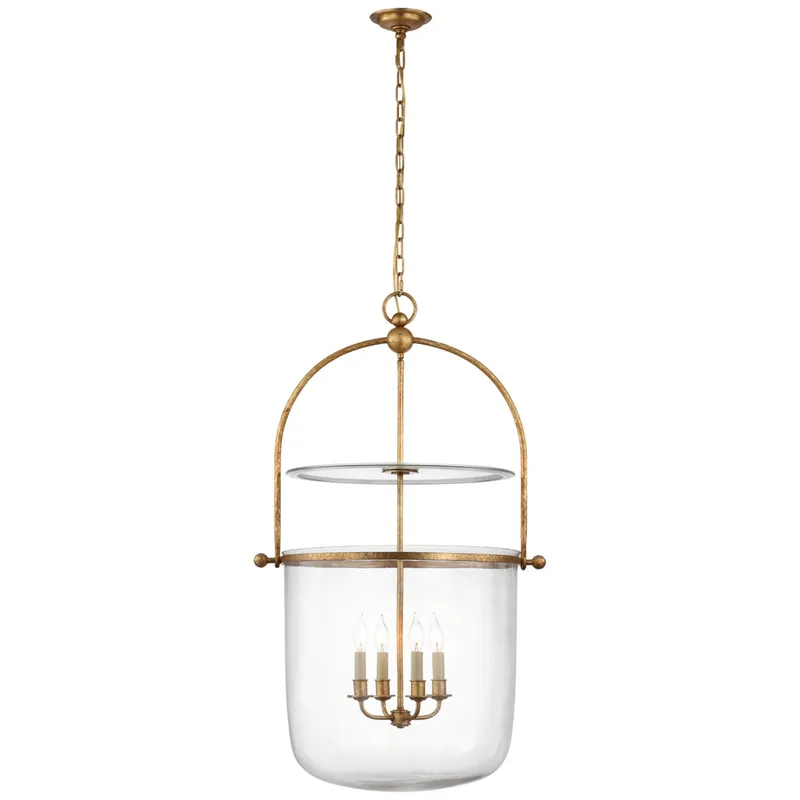 Chapman & Myers Lorford Large Smoke Bell Lantern in Gilded Iron with Clear Glass Ceiling Light W25"