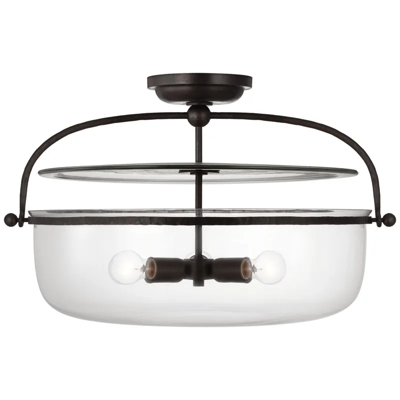 Chapman & Myers Lorford Large Semi Flush Lantern in Aged Iron with Clear Glass Ceiling Light W28" x H17.5"