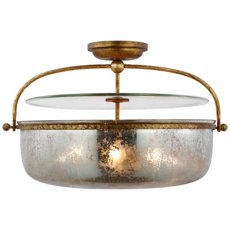 Chapman & Myers Lorford Large Semi Flush Lantern in Gilded Iron with Antique Mercury Glass Ceiling Light W28" x H17.5"
