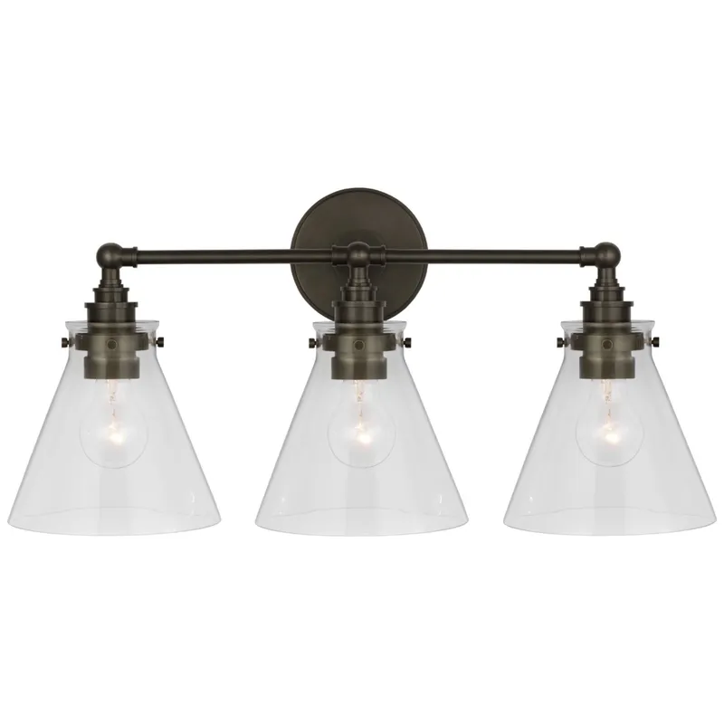 Chapman & Myers Parkington 24" Three Light Bath Bar in Bronze with Clear Glass Wall Light W24" x H11.5"