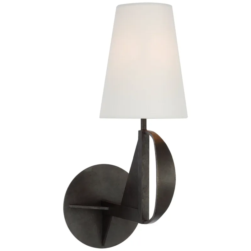 Thomas O'Brien Auxerre Medium Blacksmith Sconce in Aged Iron with Linen Shade Wall Light W6" x H16"