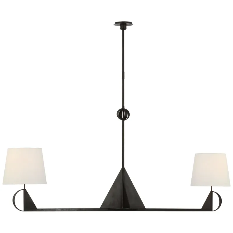 Thomas O'Brien Auxerre Extra Large Blacksmith Linear Chandelier in Aged Iron with Linen Shades Ceiling Light W11.5" x 68"