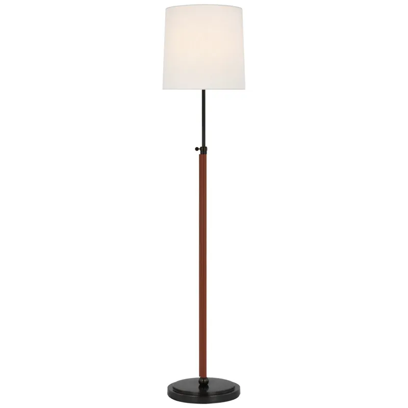 Thomas O'Brien Bryant Wrapped Floor Lamp in Bronze and Saddle Leather with Linen Shade W12" x H45.25" - 62"