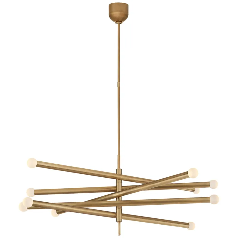 Kelly Wearstler Rousseau Grande Ten Light Articulating Chandelier in Antique-Burnished Brass with Etched Crystal Orb Ceiling Light W3.5" - 38.25"
