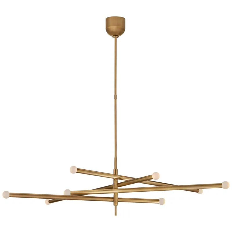 Kelly Wearstler Rousseau Grande Eight Light Articulating Chandelier in Antique-Burnished Brass with Etched Crystal Orb Ceiling Light W3.5" - 53.25"