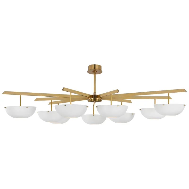 AERIN Valencia Grande Nine Light Chandelier in Hand-Rubbed Antique Brass with Matte White Ceiling Light W58"