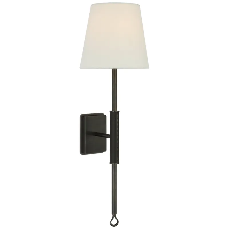 Amber Lewis Griffin Tail Sconce in Bronze and Chocolate Leather with Linen Shade Wall Light W6.5" x H21"