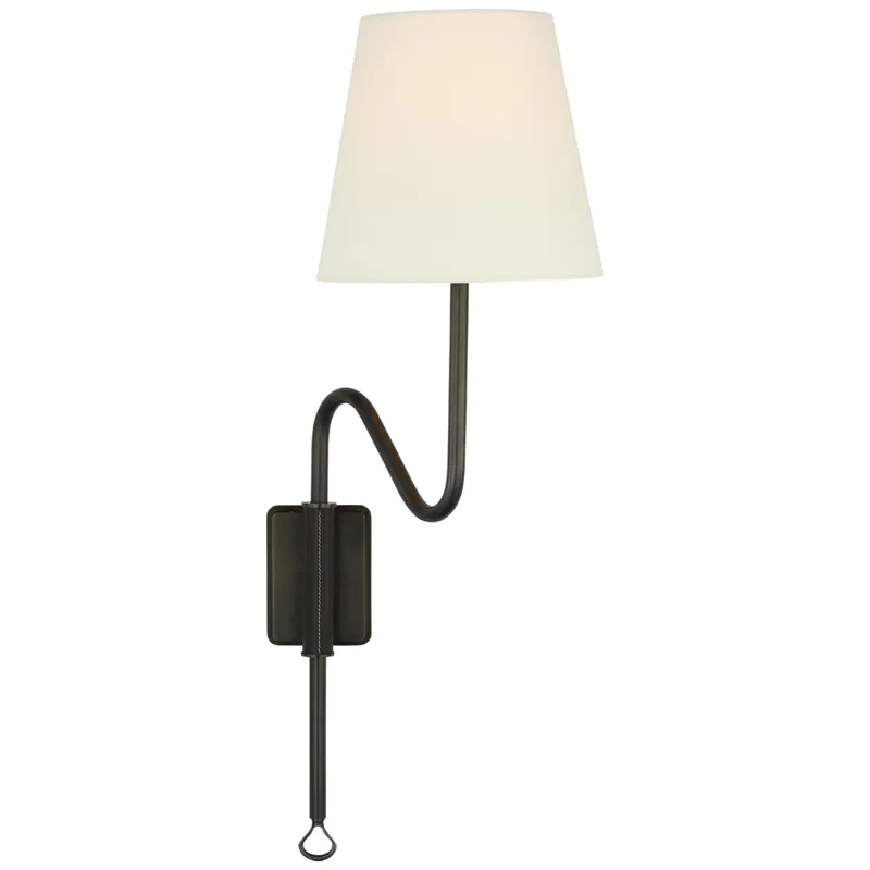 Amber Lewis Griffin Articulating Sconce in Bronze and Chocolate Leather with Linen Shade Wall Light W7.5" x H23.25"