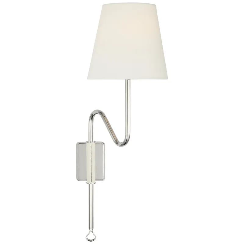Amber Lewis Griffin Articulating Sconce in Polished Nickel and Parchment Leather with Linen Shade Wall Light W7.5" x H23.25"