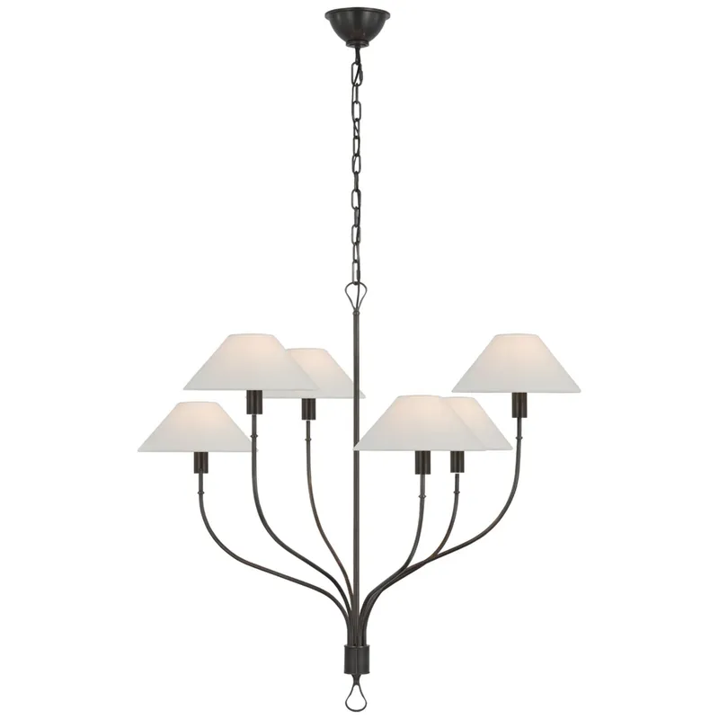 Amber Lewis Griffin Large Staggered Tail Chandelier in Bronze and Chocolate Leather with Linen Shades Ceiling Light W36.5" x H35.5"