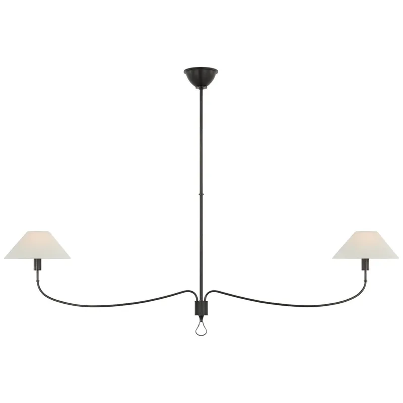Amber Lewis Griffin Grande Linear Chandelier in Bronze and Chocolate Leather with Linen Shades Ceiling Light W10.5" x 62"