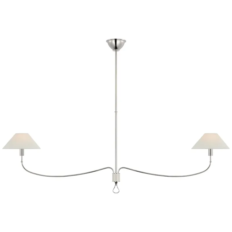 Amber Lewis Griffin Grande Linear Chandelier in Polished Nickel and Parchment Leather with Linen Shades Ceiling Light W10.5" x 62"