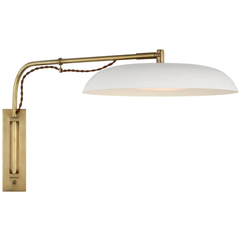 Amber Lewis Cyrus Medium Articulating Wall Light in Hand-Rubbed Antique Brass and White with White Glass W14" x H13.5"