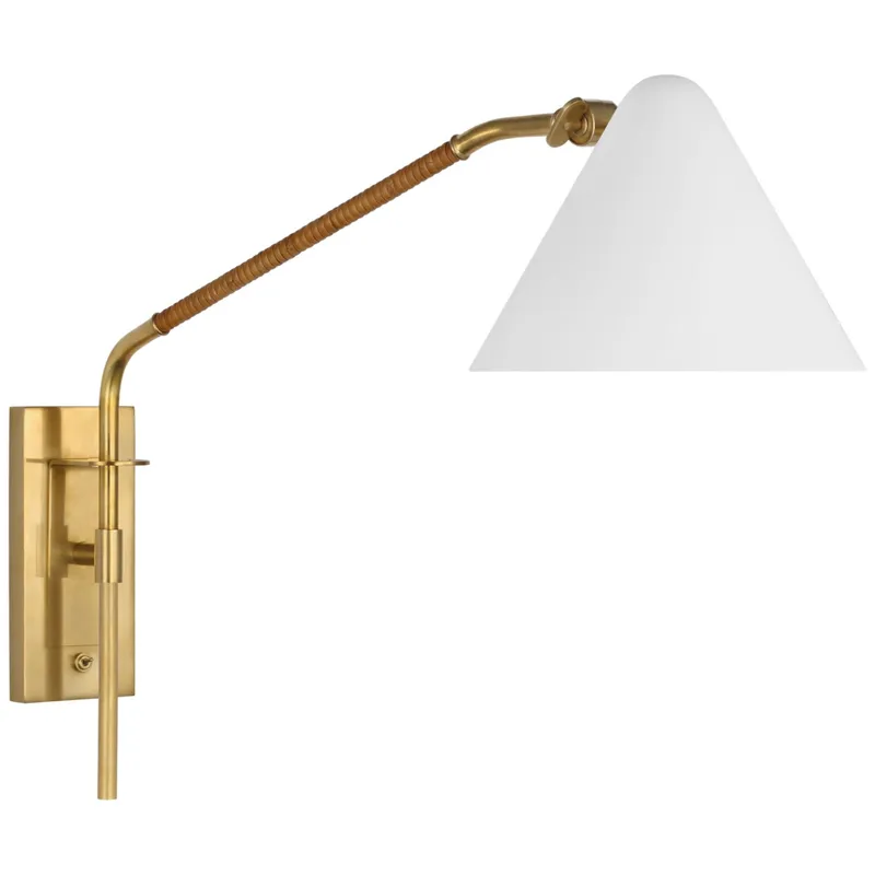 Amber Lewis Laken Medium Articulating Wall Light in Hand-Rubbed Antique Brass and Natural Rattan with White Shade W8.5" x H17"