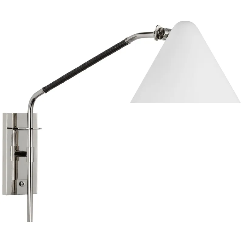 Amber Lewis Laken Medium Articulating Wall Light in Polished Nickel and Black Rattan with White Shade W8.5" x H17"