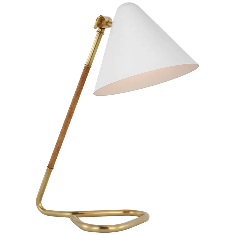 Amber Lewis Laken Small Desk Lamp in Hand-Rubbed Antique Brass and Natural Rattan with White Shade Table Lamp W8.5" x H17.25"
