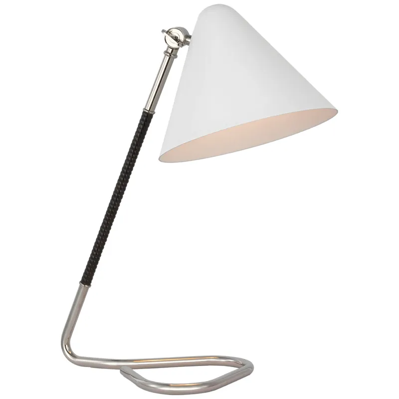 Amber Lewis Laken Small Desk Lamp in Polished Nickel and Black Rattan with White Shade Table Lamp W8.5" x H17.25"