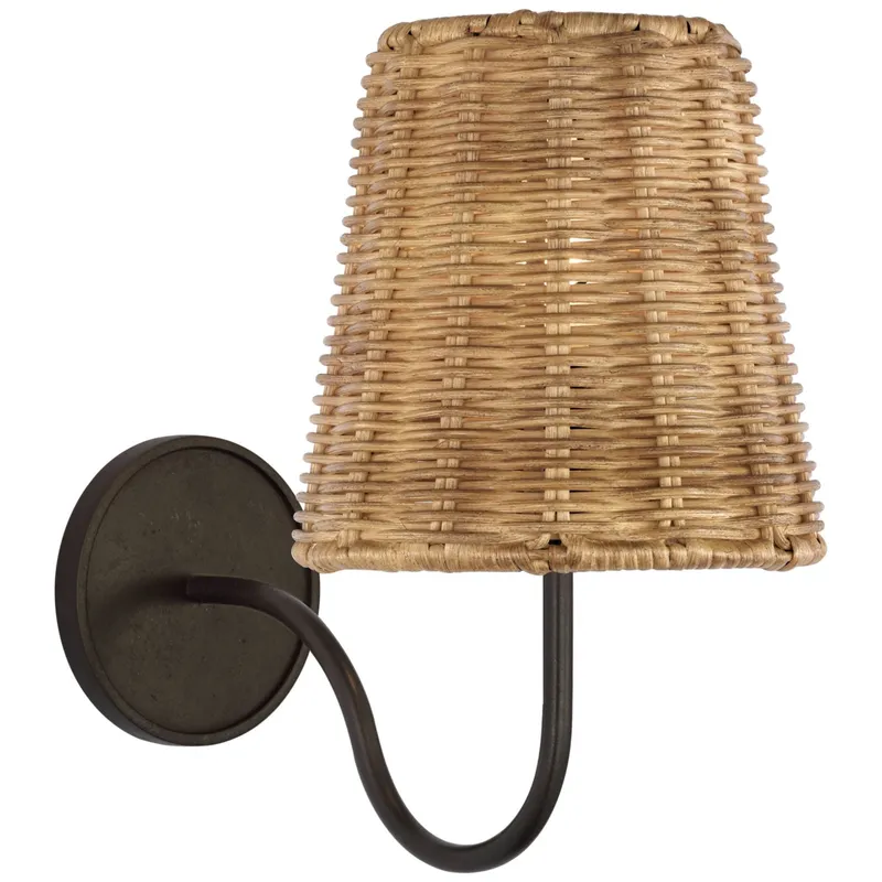 Amber Lewis Lyndsie Small Sconce in Aged Iron with Natural Wicker Shade Wall Light W6" x H10.75"