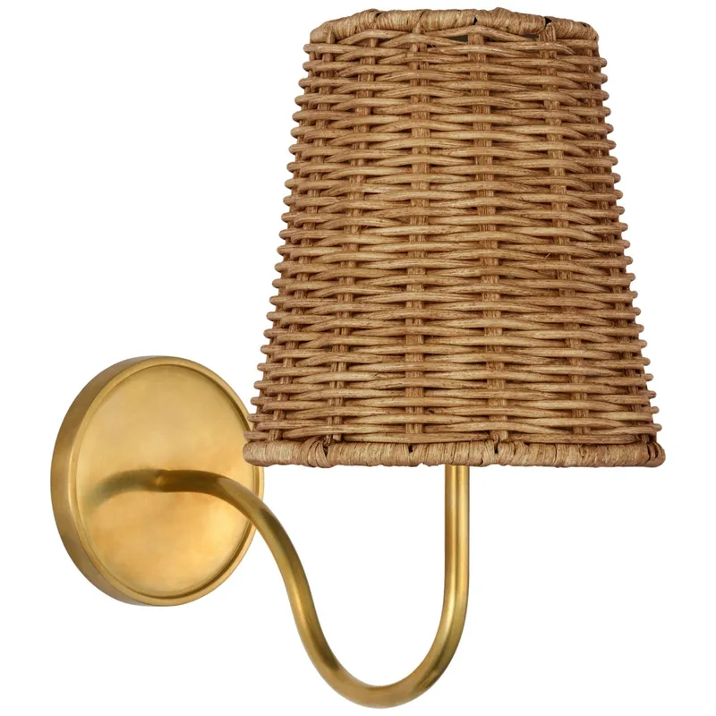 Amber Lewis Lyndsie Small Sconce in Hand-Rubbed Antique Brass with Natural Wicker Shade Wall Light W6" x H10.75"